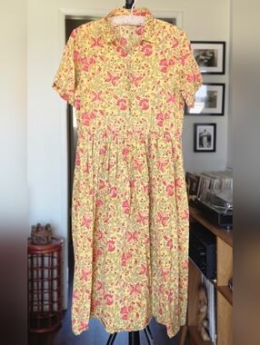 Yellow Floral Button-Front Cotton Midi Dress